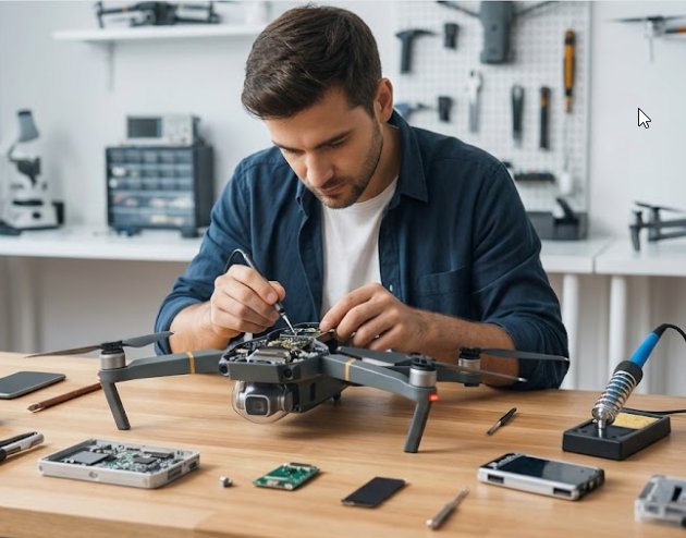 Technicien Dronefix.fr en train de réparer la carte électronique d'un drone DJI en atelier